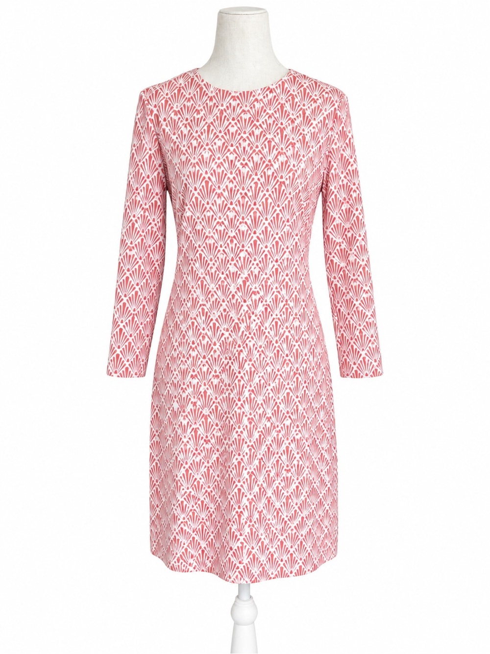 J. McLaughlin Coral Fan Print Shift Dress S 3/4 Sleeve Nylon Spandex Catalina
